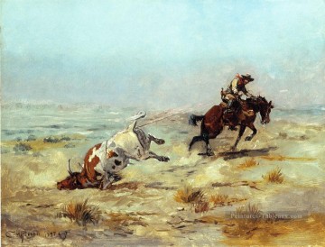Lassoing un cow boy Steer Charles Marion Russell Indiana Peinture à l'huile